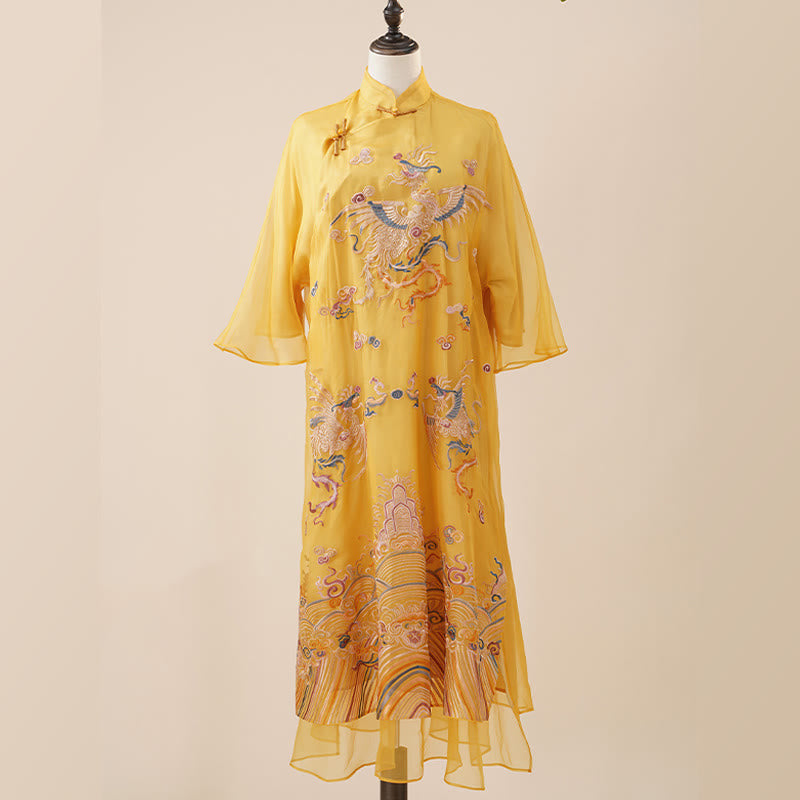 Mulberry Silk Organza Yellow Phoenix Embroidered Qipao Dress