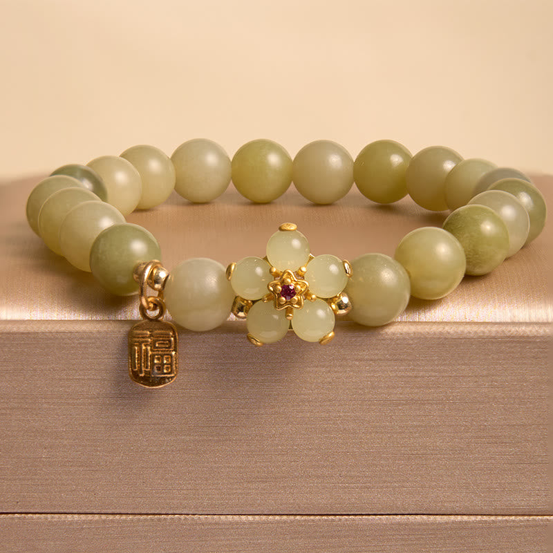 Green Jade Flower Fu Character Charm Luck Bracelet