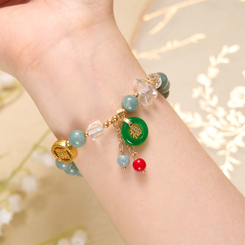 Strawberry Quartz and Jade Fu Character Charm Energy Bracelet