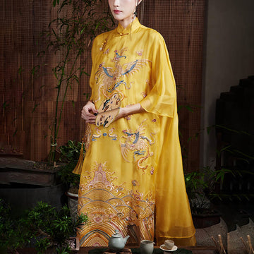 Mulberry Silk Organza Yellow Phoenix Embroidered Qipao Dress