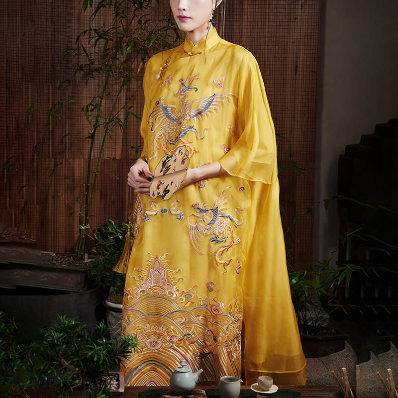 Mulberry Silk Organza Yellow Phoenix Embroidered Qipao Dress