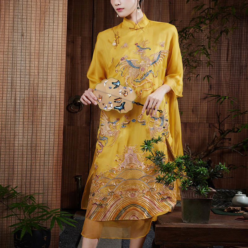 Mulberry Silk Organza Yellow Phoenix Embroidered Qipao Dress