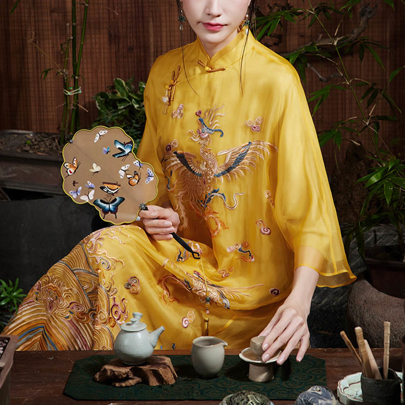 Mulberry Silk Organza Yellow Phoenix Embroidered Qipao Dress