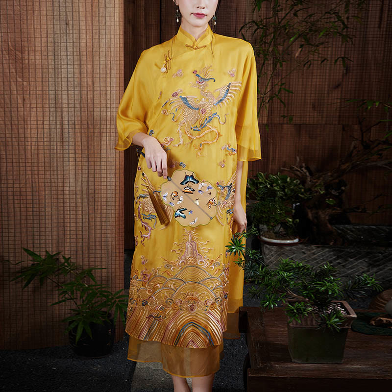 Mulberry Silk Organza Yellow Phoenix Embroidered Qipao Dress