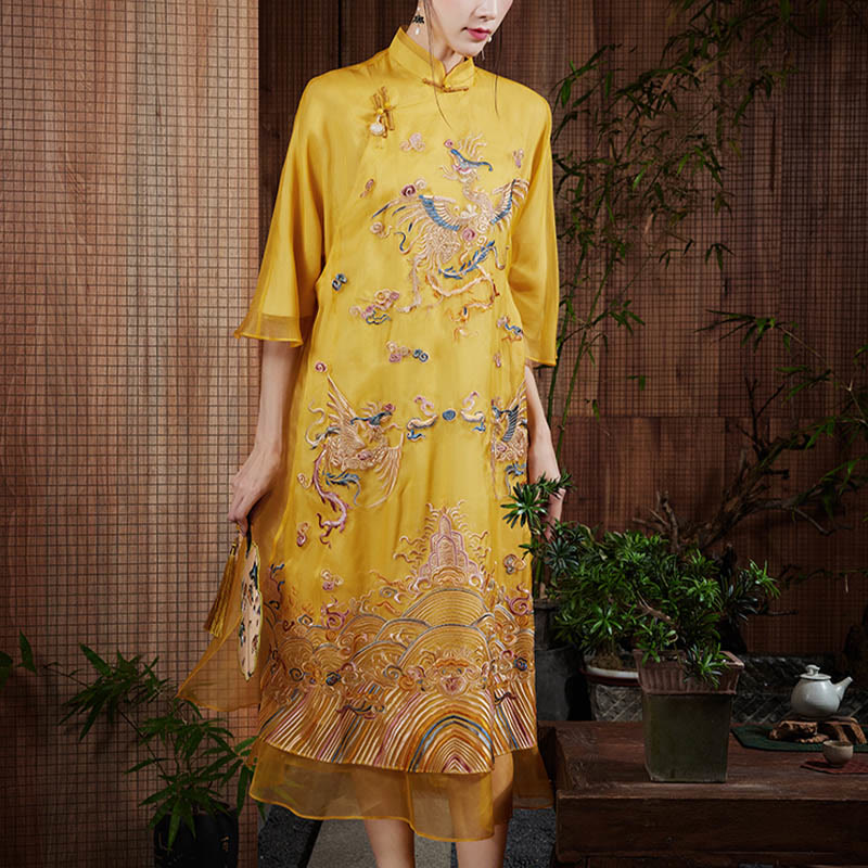 Mulberry Silk Organza Yellow Phoenix Embroidered Qipao Dress