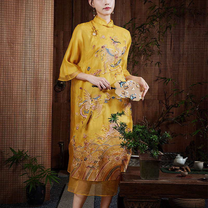 Mulberry Silk Organza Yellow Phoenix Embroidered Qipao Dress