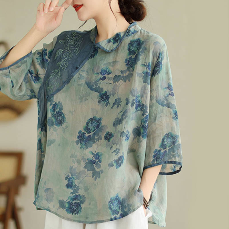 PLUS SIZE Blue Jacaranda Flower Design Three Quarter Sleeve Ramie Linen Shirt