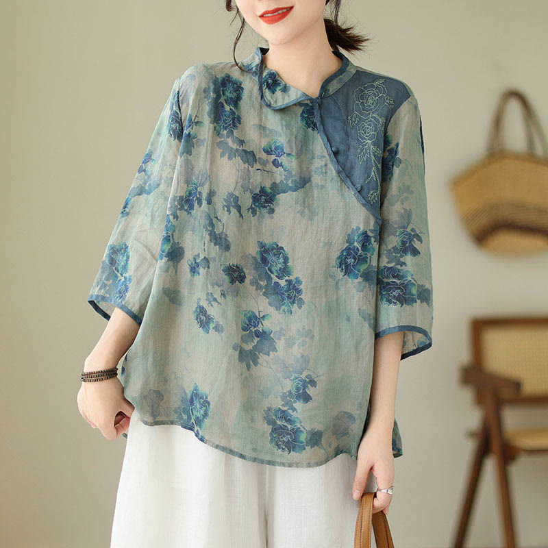 PLUS SIZE Blue Jacaranda Flower Design Three Quarter Sleeve Ramie Linen Shirt