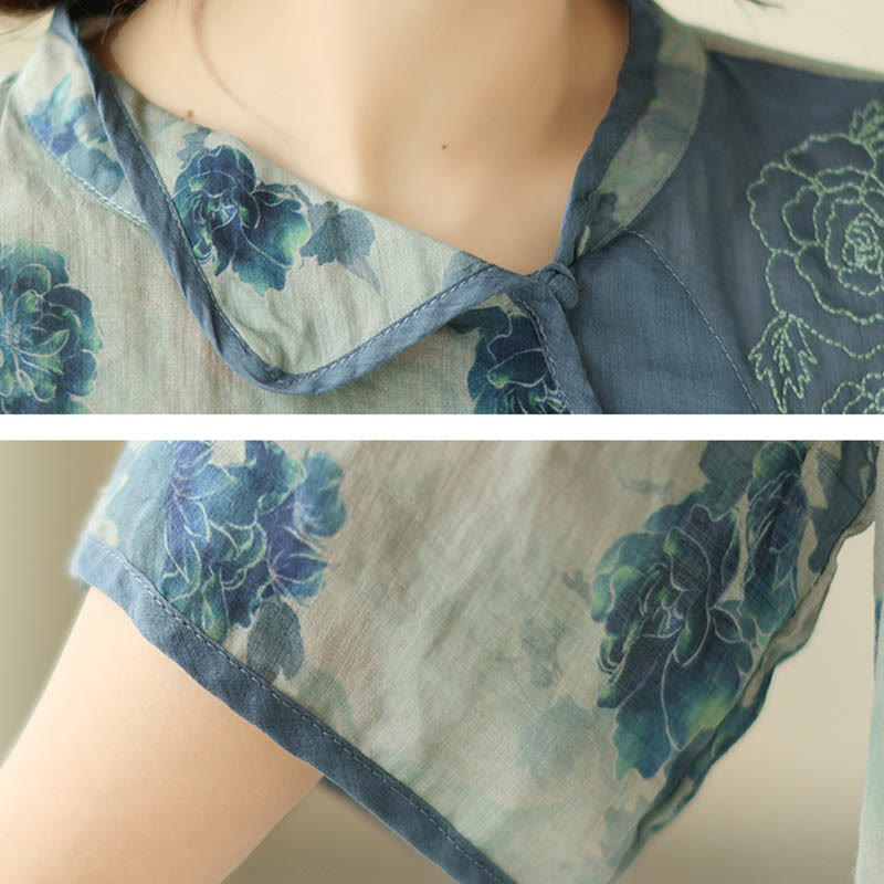PLUS SIZE Blue Jacaranda Flower Design Three Quarter Sleeve Ramie Linen Shirt