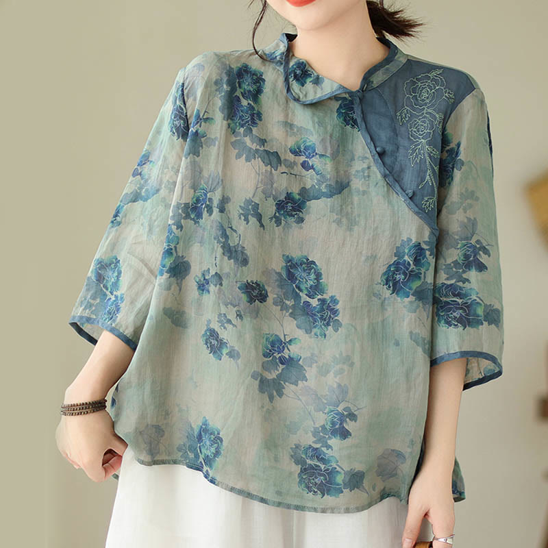 PLUS SIZE Blue Jacaranda Flower Design Three Quarter Sleeve Ramie Linen Shirt