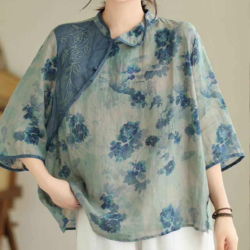 PLUS SIZE Blue Jacaranda Flower Design Three Quarter Sleeve Ramie Linen Shirt