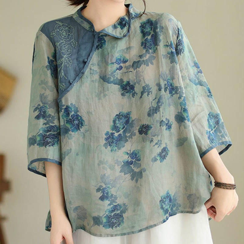 PLUS SIZE Blue Jacaranda Flower Design Three Quarter Sleeve Ramie Linen Shirt