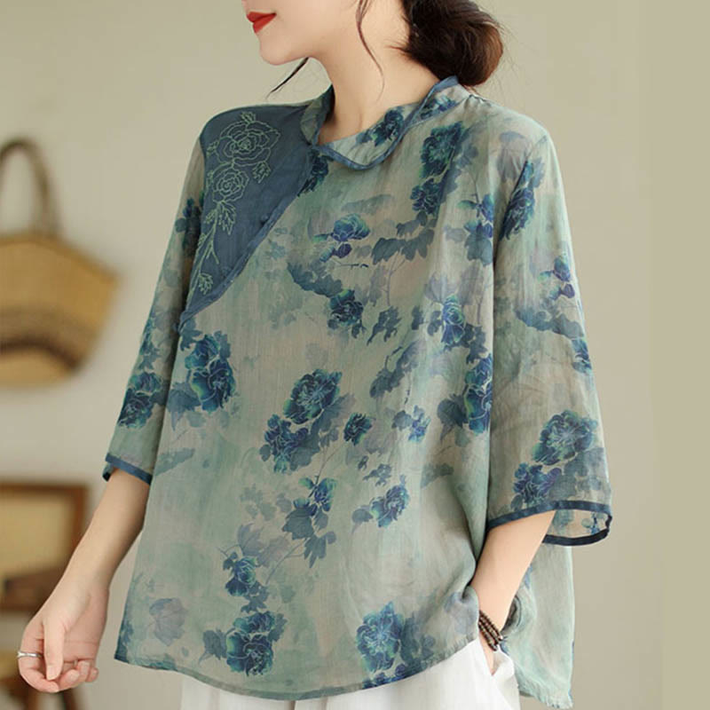 PLUS SIZE Blue Jacaranda Flower Design Three Quarter Sleeve Ramie Linen Shirt