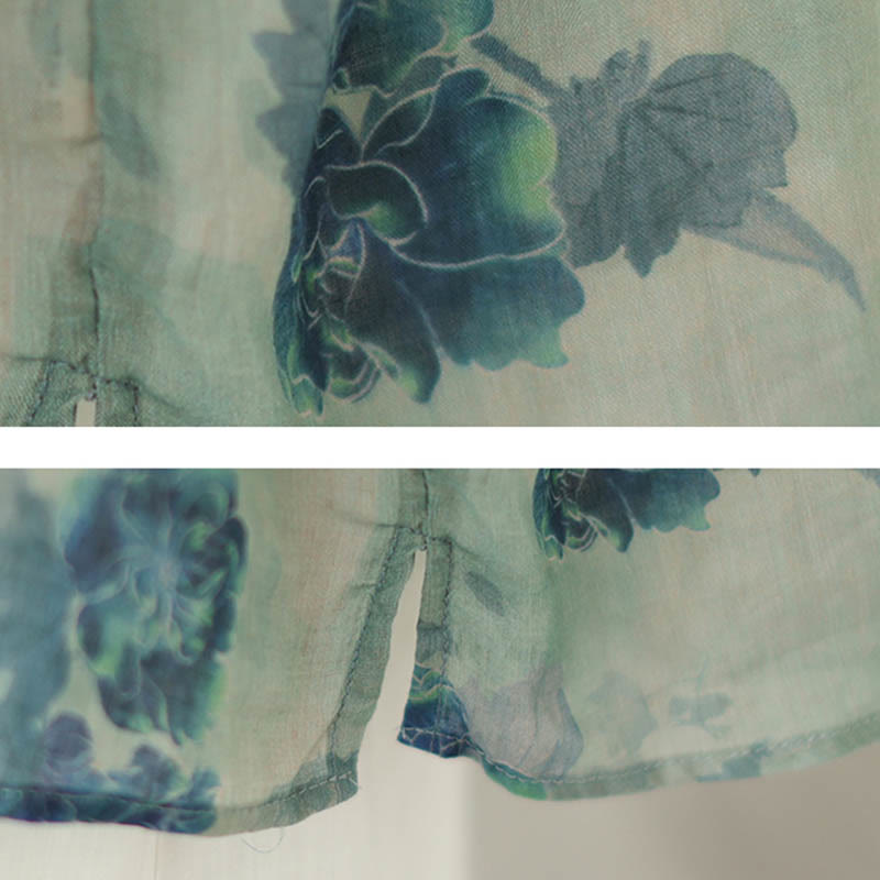 PLUS SIZE Blue Jacaranda Flower Design Three Quarter Sleeve Ramie Linen Shirt