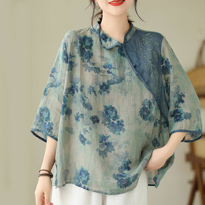 PLUS SIZE Blue Jacaranda Flower Design Three Quarter Sleeve Ramie Linen Shirt