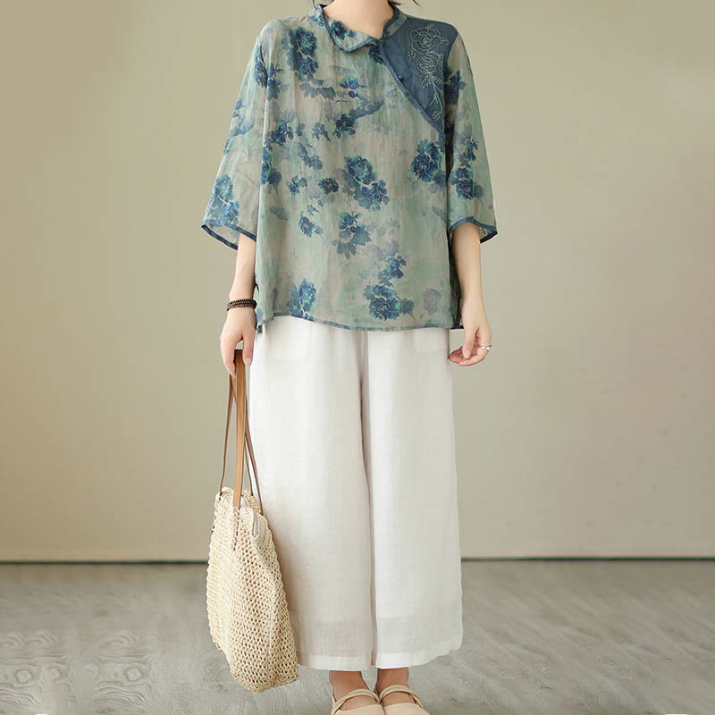 PLUS SIZE Blue Jacaranda Flower Design Three Quarter Sleeve Ramie Linen Shirt