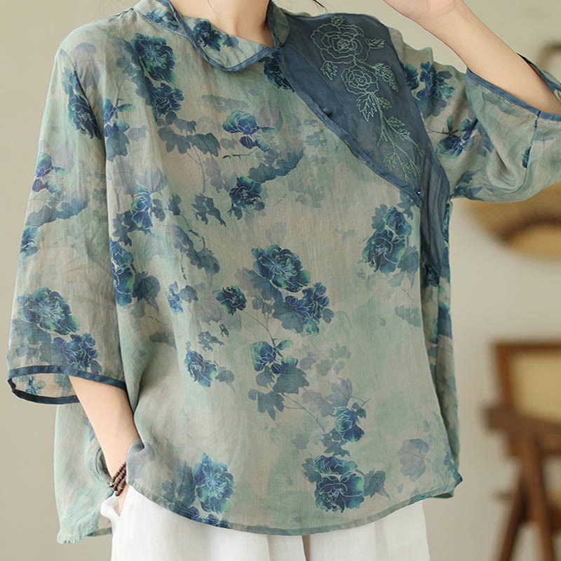 PLUS SIZE Blue Jacaranda Flower Design Three Quarter Sleeve Ramie Linen Shirt