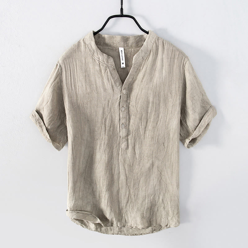 Cotton Linen Slim Fit Stand Collar Mindful Meditation Men's Shirt