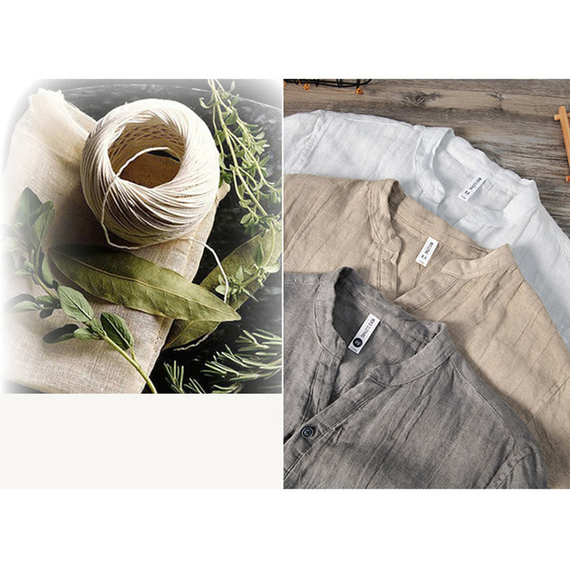 Solid Color Long Sleeve Half Button Shirt Cotton Linen Men Clothing
