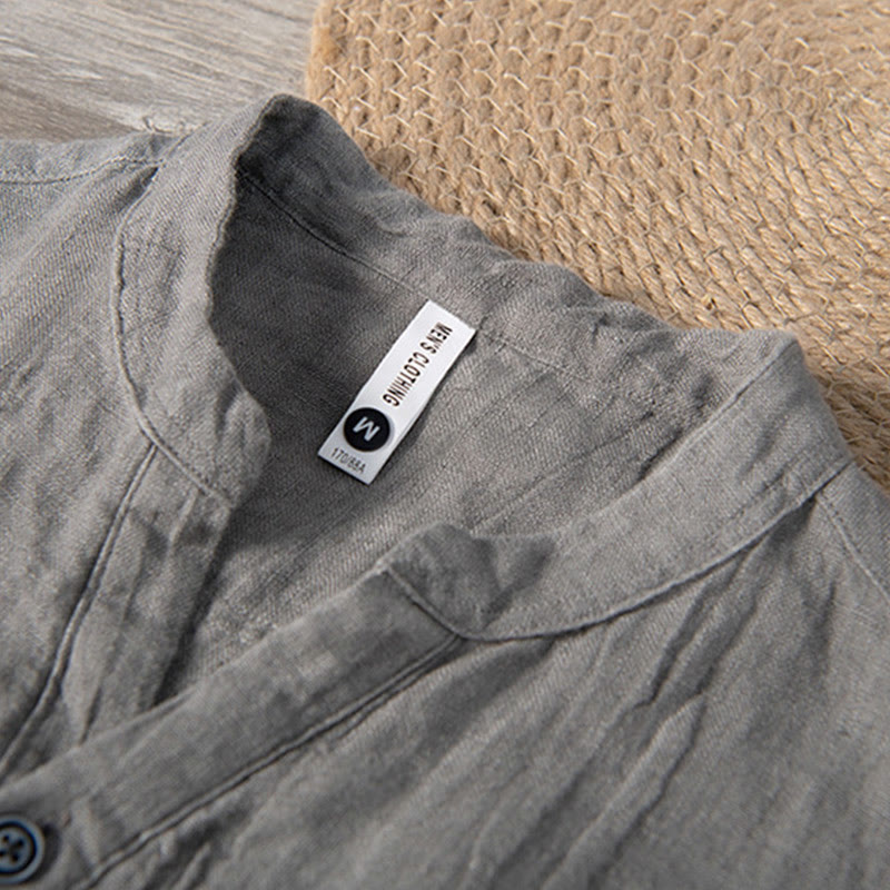 Solid Color Long Sleeve Half Button Shirt Cotton Linen Men Clothing