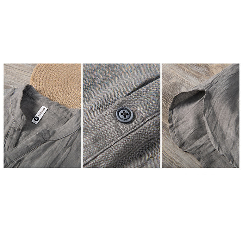 Solid Color Long Sleeve Half Button Shirt Cotton Linen Men Clothing