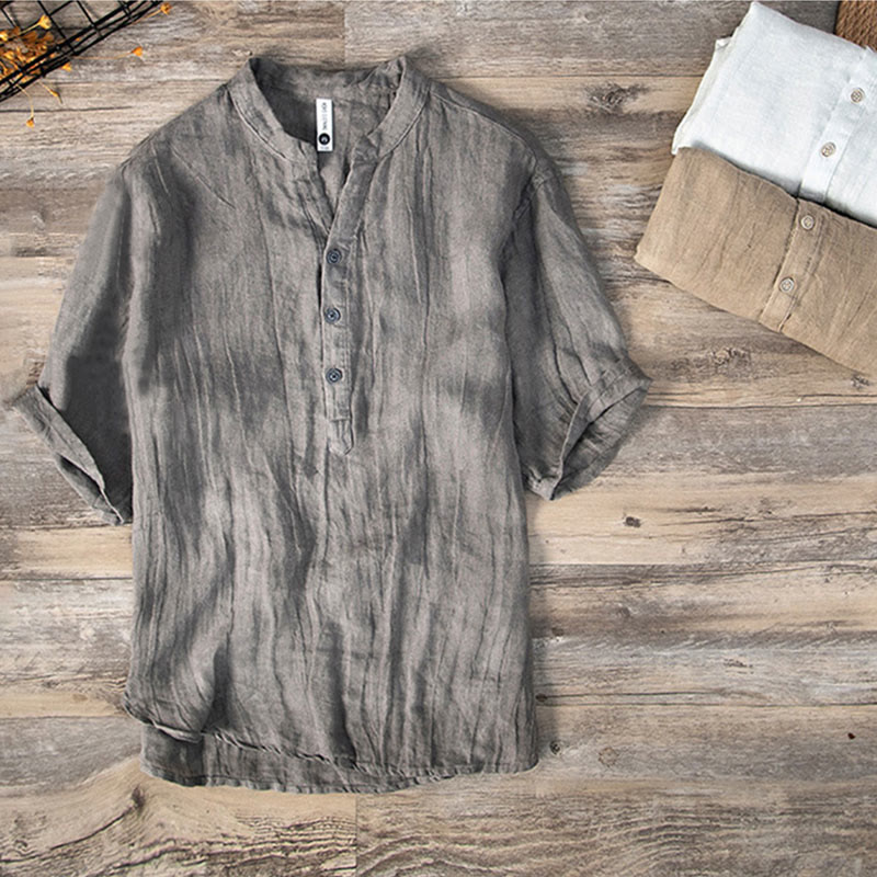 Cotton Linen Slim Fit Stand Collar Mindful Meditation Men's Shirt