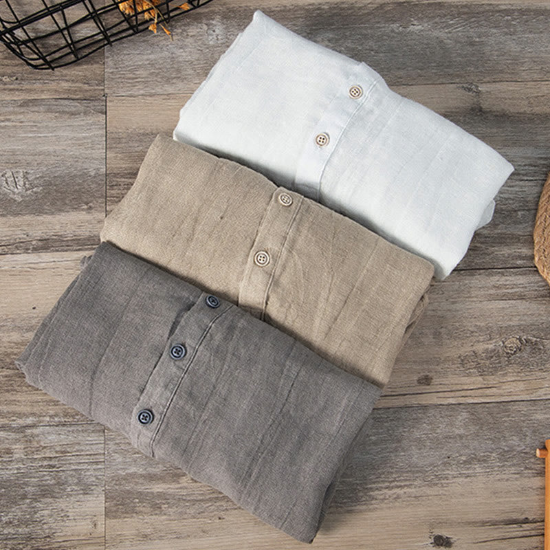 Solid Color Long Sleeve Half Button Shirt Cotton Linen Men Clothing