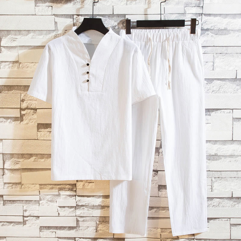 2Pcs Solid Color Cotton Button Short Sleeve T-shirt Pants Men's Set