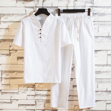 2Pcs Solid Color Cotton Button Short Sleeve T-shirt Pants Men's Set