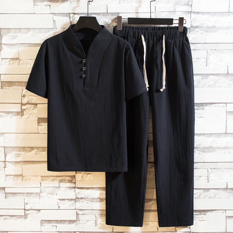 2Pcs Solid Color Cotton Button Short Sleeve T-shirt Pants Men's Set