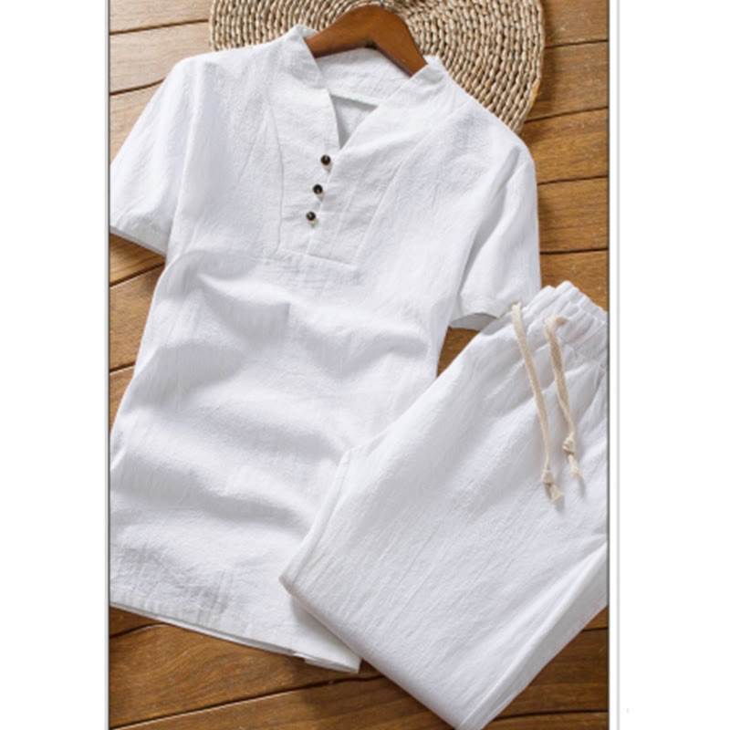 2Pcs Solid Color Cotton Button Short Sleeve T-shirt Pants Men's Set