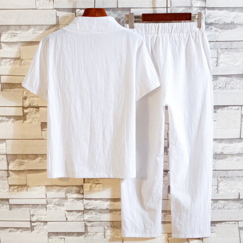 2Pcs Solid Color Cotton Button Short Sleeve T-shirt Pants Men's Set