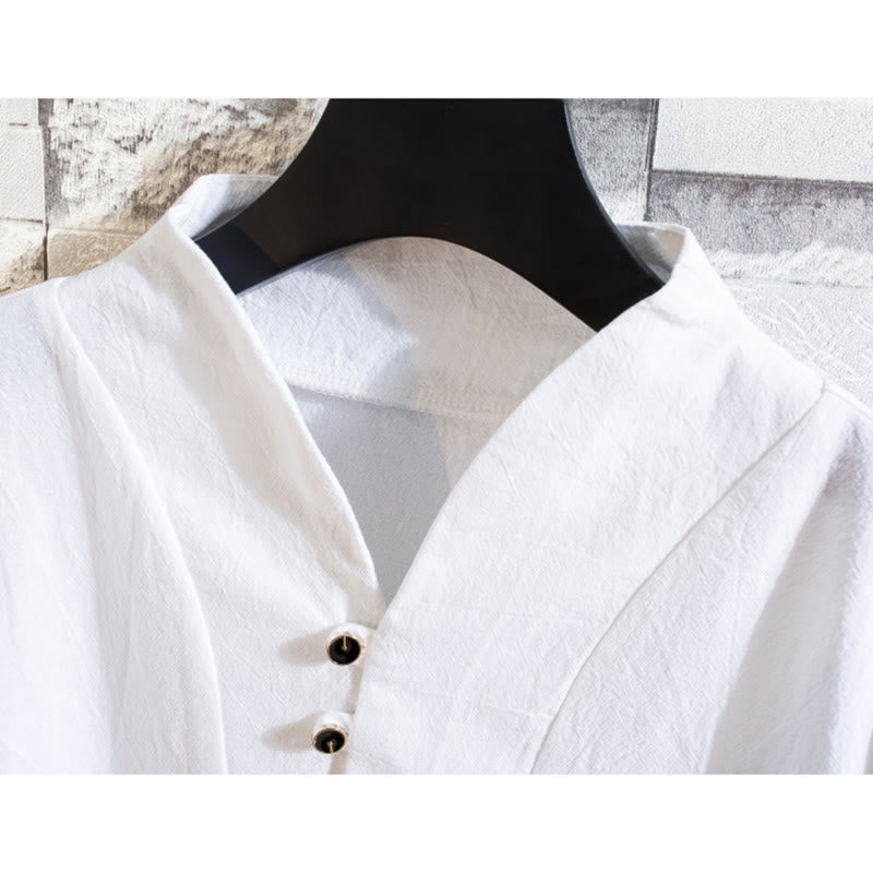 2Pcs Solid Color Cotton Button Short Sleeve T-shirt Pants Men's Set