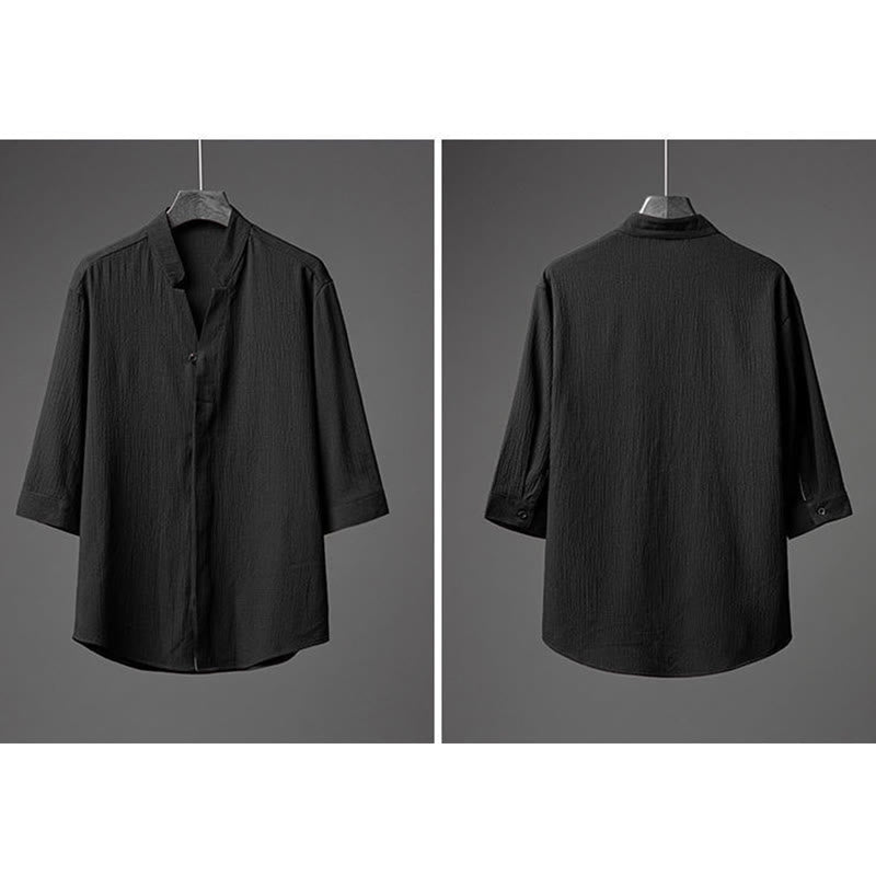 2Pcs Solid Color Texture Button Half Sleeve Shirt Pants Men's Set