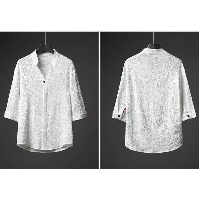 2Pcs Solid Color Texture Button Half Sleeve Shirt Pants Men's Set