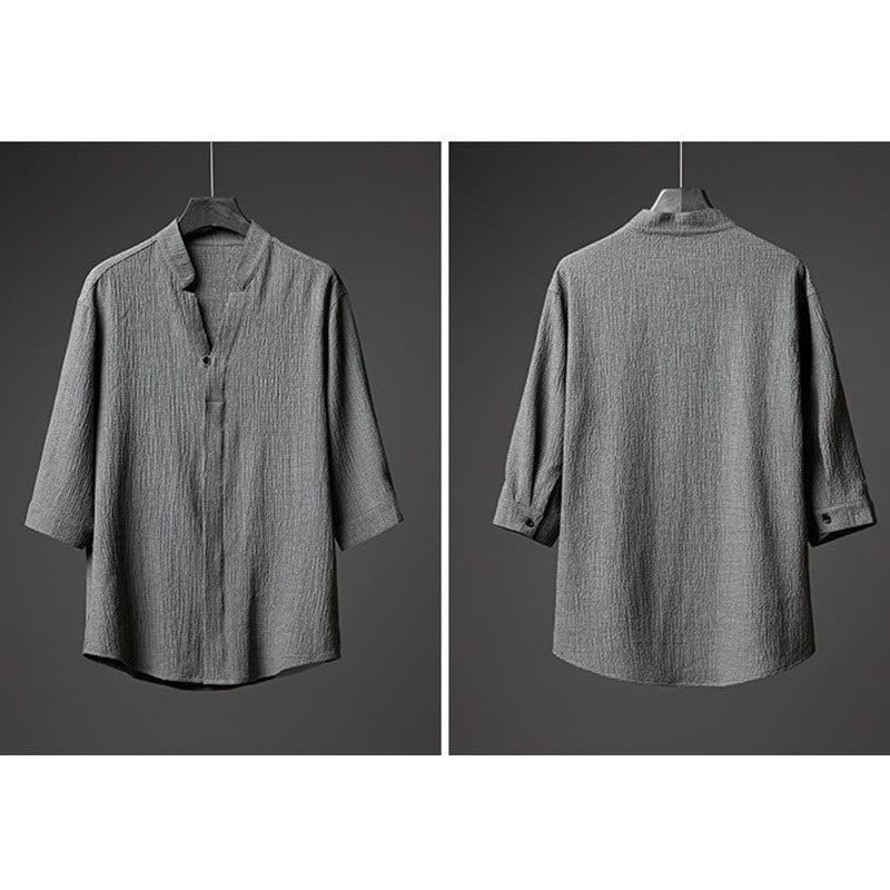 2Pcs Solid Color Texture Button Half Sleeve Shirt Pants Men's Set