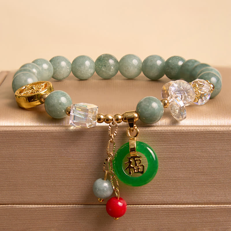 Strawberry Quartz and Jade Fu Character Charm Energy Bracelet