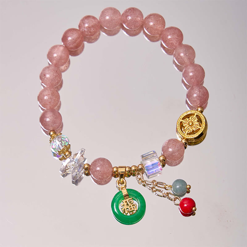 Strawberry Quartz and Jade Fu Character Charm Beaded Bracelet