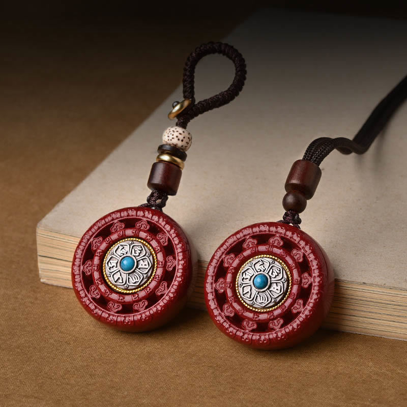 Cinnabar Om Mani Padme Hum Blessing Rotatable Necklace Pendant Key Chain