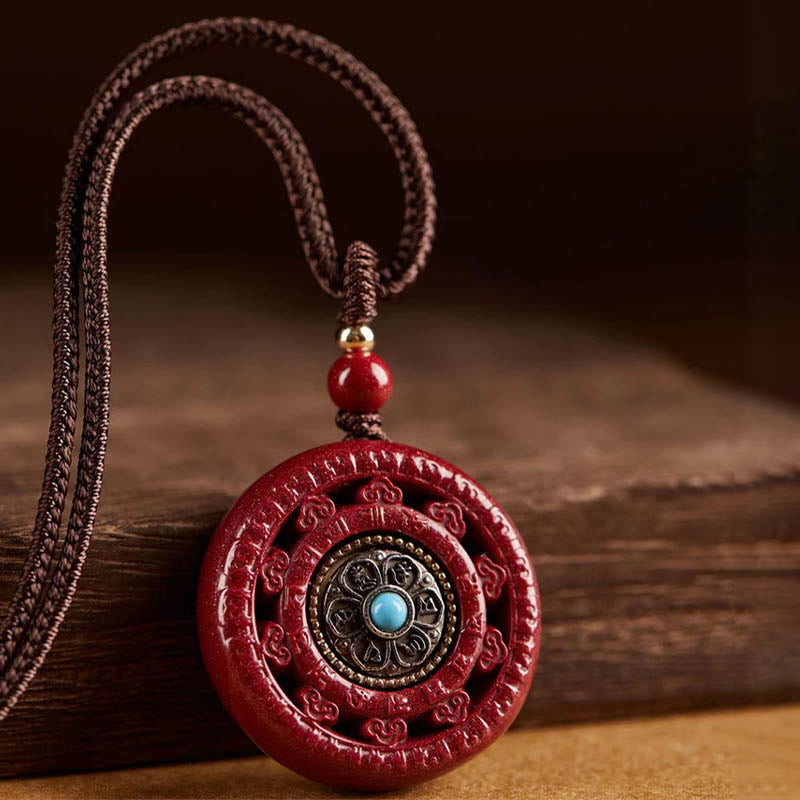 Cinnabar Om Mani Padme Hum Blessing Rotatable Necklace Pendant Key Chain