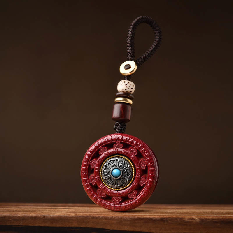 Cinnabar Om Mani Padme Hum Blessing Rotatable Necklace Pendant Key Chain