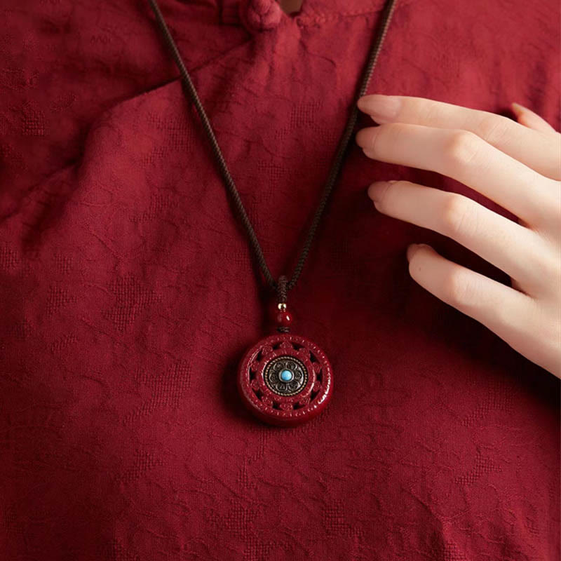 Cinnabar Om Mani Padme Hum Blessing Rotatable Necklace Pendant Key Chain