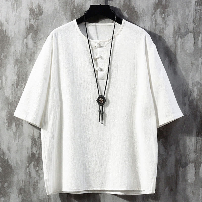 Frog-Button Plain Color Chinese Tang Suit Half Sleeve Shirt Linen Men Clothing