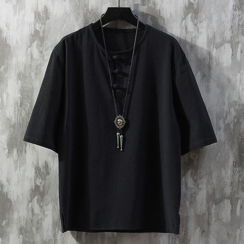 Frog-Button Plain Color Chinese Tang Suit Half Sleeve Shirt Linen Men Clothing