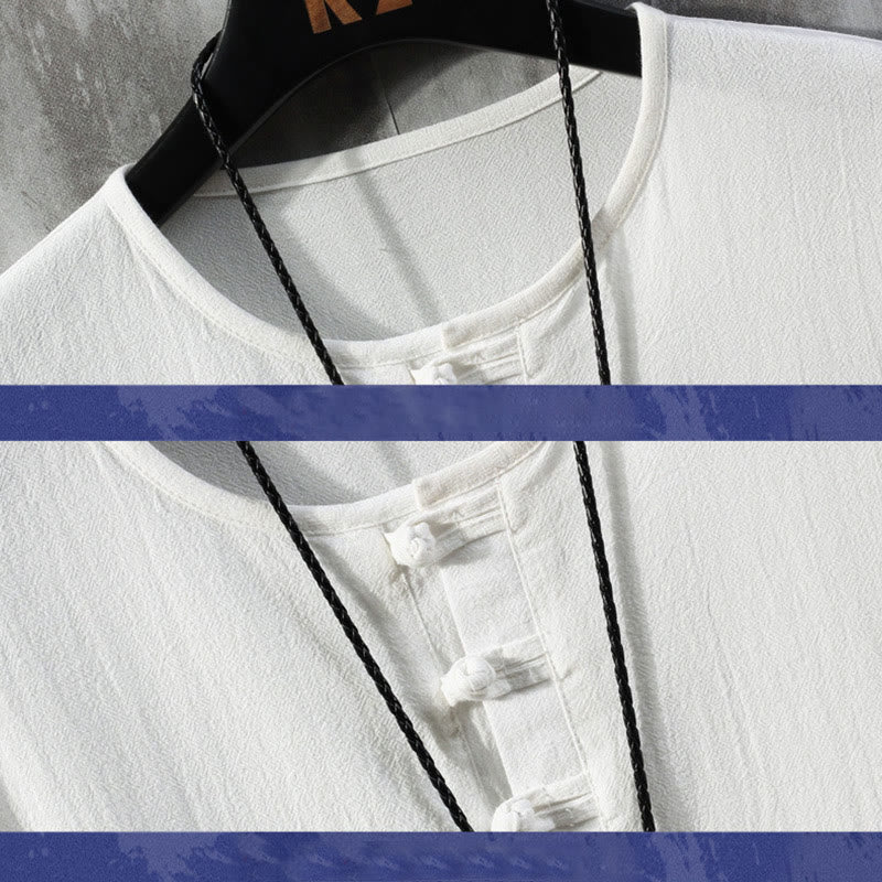 Frog-Button Plain Color Chinese Tang Suit Half Sleeve Shirt Linen Men Clothing