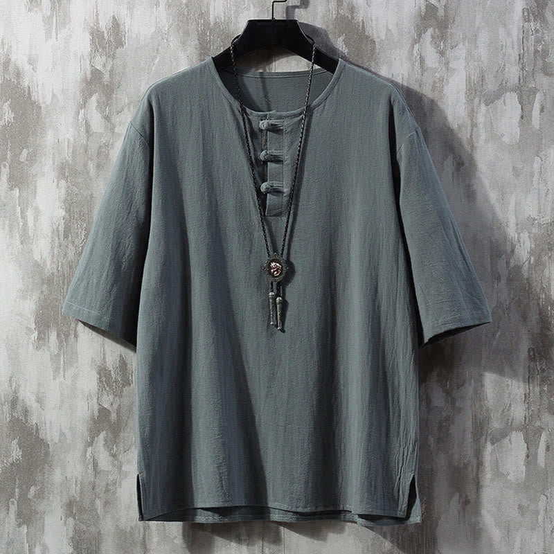 Frog-Button Plain Color Chinese Tang Suit Half Sleeve Shirt Linen Men Clothing