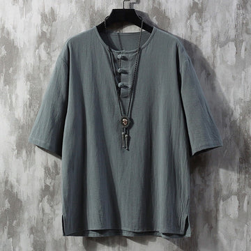 Frog-Button Plain Color Chinese Tang Suit Half Sleeve Shirt Linen Men Clothing