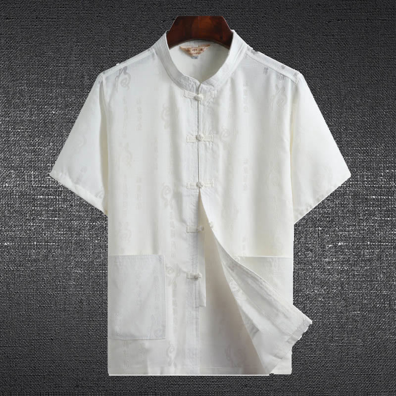 Frog-Button Fu Character Dragon Bamboo Leaf Chinese Tang Suit Short Sleeve Shirt Linen With Pockets
