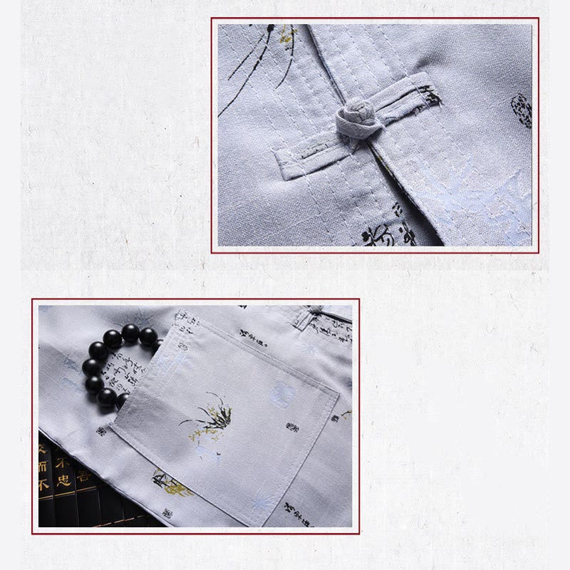 Frog-Button Fu Character Dragon Bamboo Leaf Chinese Tang Suit Short Sleeve Shirt Linen With Pockets
