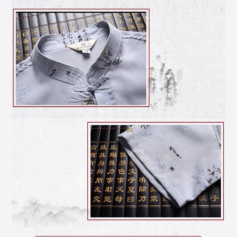 Frog-Button Fu Character Dragon Bamboo Leaf Chinese Tang Suit Short Sleeve Shirt Linen With Pockets